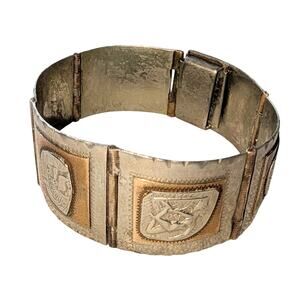 Taxco Sterling Silver Panel Bracelet Mixed Metal Embossed Mexican Artisan 7.5 in